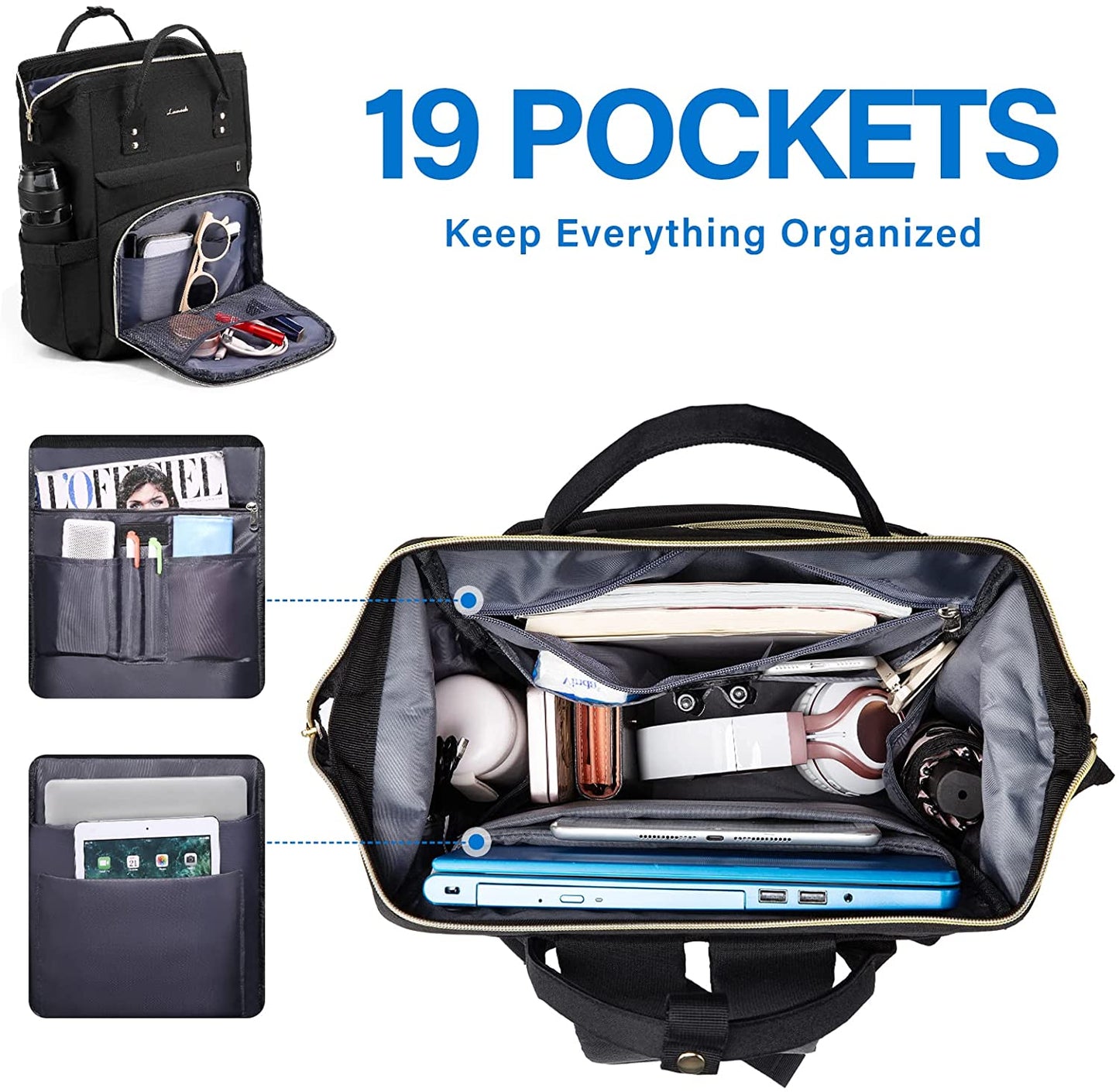 Waterproof Anti-Theft Travel Back Pack with USB Charging Port, Black