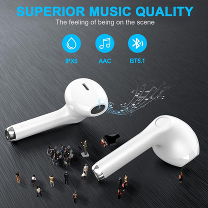 Wireless Earbuds Bluetooth, Wireless Headphones Hifi Stereo, IPX5 Waterproof Wireless Earphones Touch Control, Bluetooth Earphones 5.1 Built-In Microphone, USB-C Charging with Sport/Fitness