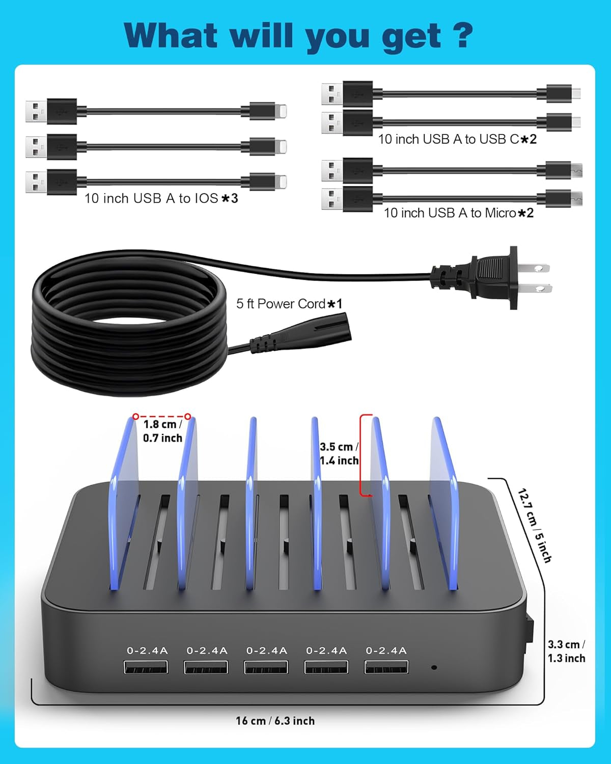 5 Port Multi USB-A Charger Stations Compatible for Multi-Device Organizing (7 Short Cables Included), Gray