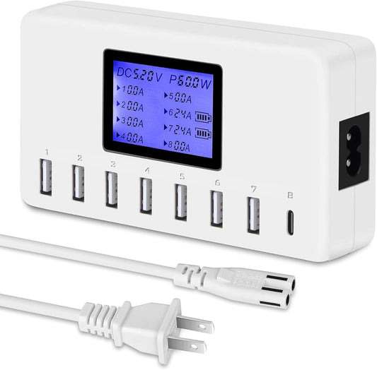  USB Charging Station 60W 12A 8-Port Compact Size LCD Display- Compatible with Iphone, Ipad, Samsung, Bluetooth Headphones and More