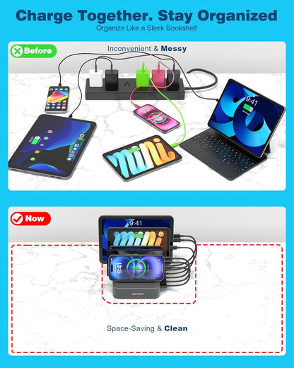 5 Port Multi USB-A Charger Stations Compatible for Multi-Device Organizing (7 Short Cables Included), Gray