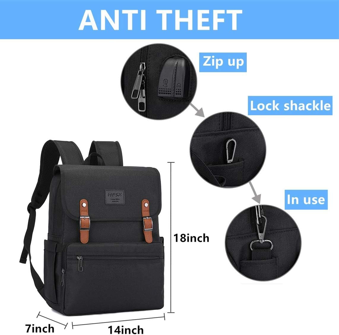 Anti Theft Laptop Vintage Style Water Resistant Backpack with USB Charging Port/ Fits 15.6 Inch Laptop and Notebook