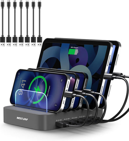 5 Port Multi USB-A Charger Stations Compatible for Multi-Device Organizing (7 Short Cables Included), Gray