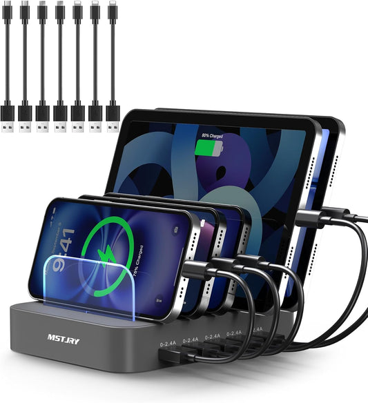5 Port Multi USB-A Charger Stations Compatible for Multi-Device Organizing (7 Short Cables Included), Gray