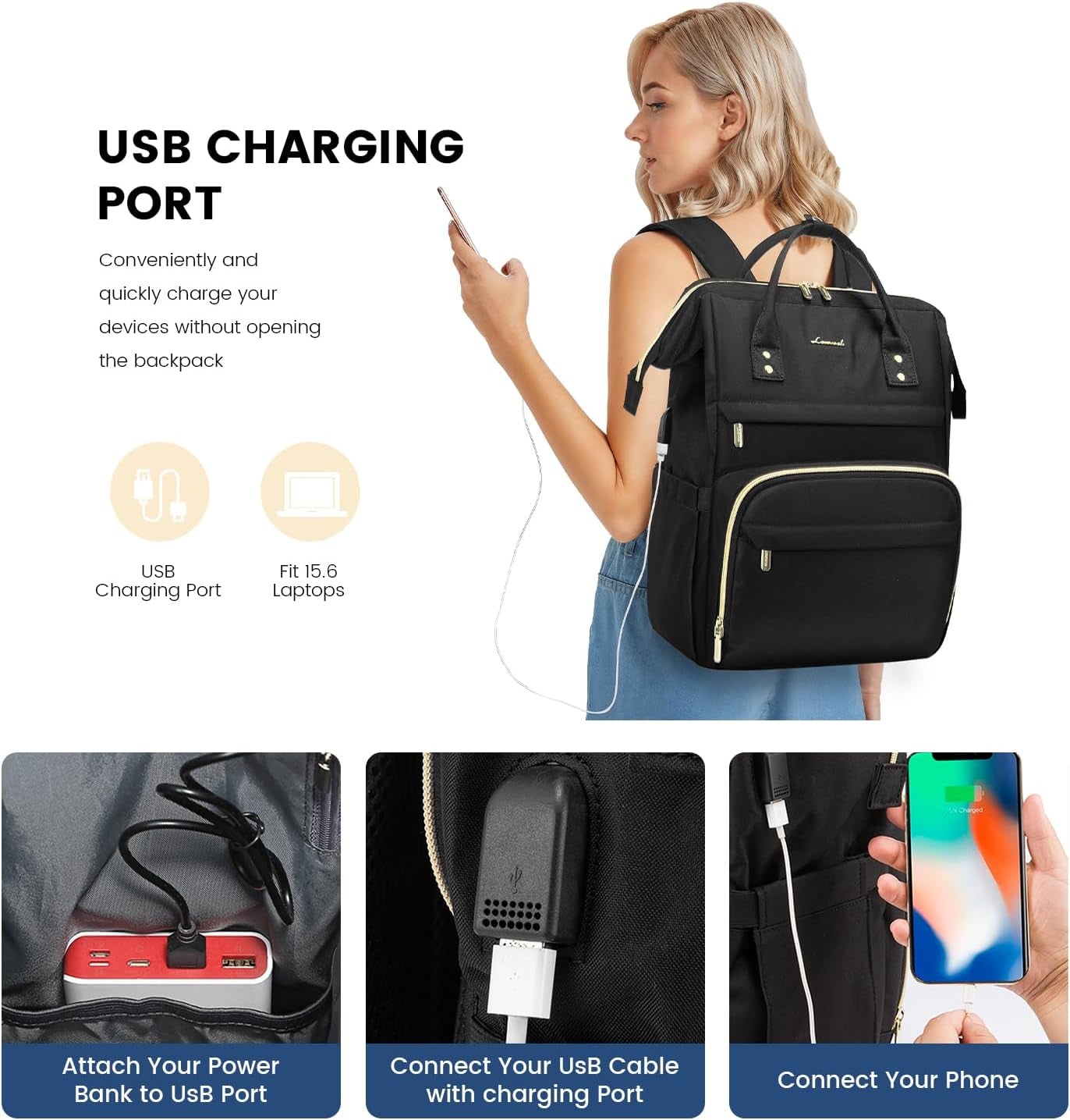 Waterproof Anti-Theft Travel Back Pack with USB Charging Port, Black
