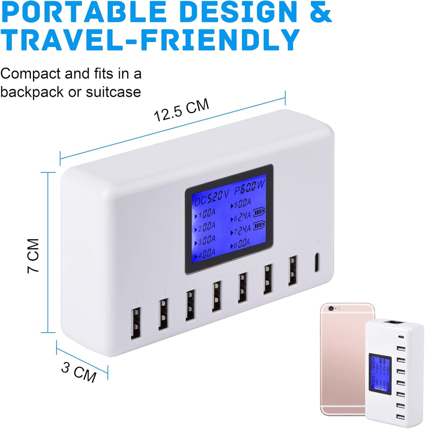  USB Charging Station 60W 12A 8-Port Compact Size LCD Display- Compatible with Iphone, Ipad, Samsung, Bluetooth Headphones and More