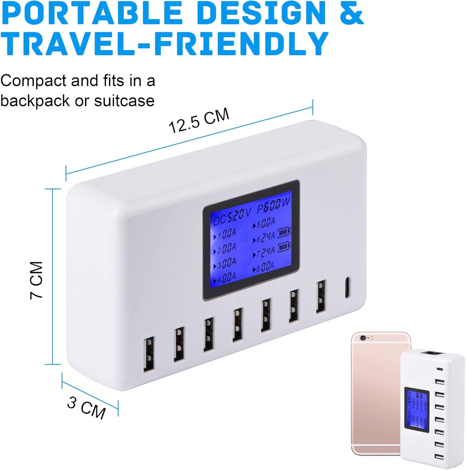  USB Charging Station 60W 12A 8-Port Compact Size LCD Display- Compatible with Iphone, Ipad, Samsung, Bluetooth Headphones and More