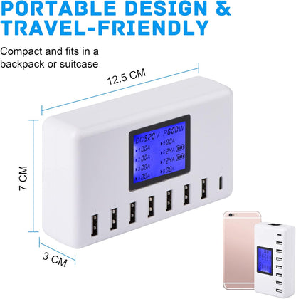  USB Charging Station 60W 12A 8-Port Compact Size LCD Display- Compatible with Iphone, Ipad, Samsung, Bluetooth Headphones and More
