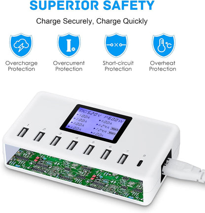 USB Charging Station 60W 12A 8-Port Compact Size LCD Display- Compatible with Iphone, Ipad, Samsung, Bluetooth Headphones and More