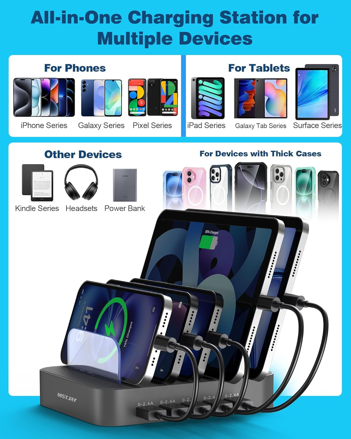 5 Port Multi USB-A Charger Stations Compatible for Multi-Device Organizing (7 Short Cables Included), Gray