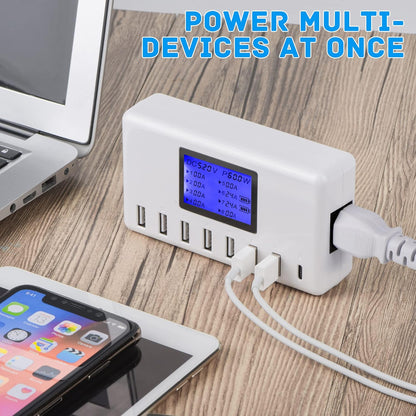  USB Charging Station 60W 12A 8-Port Compact Size LCD Display- Compatible with Iphone, Ipad, Samsung, Bluetooth Headphones and More