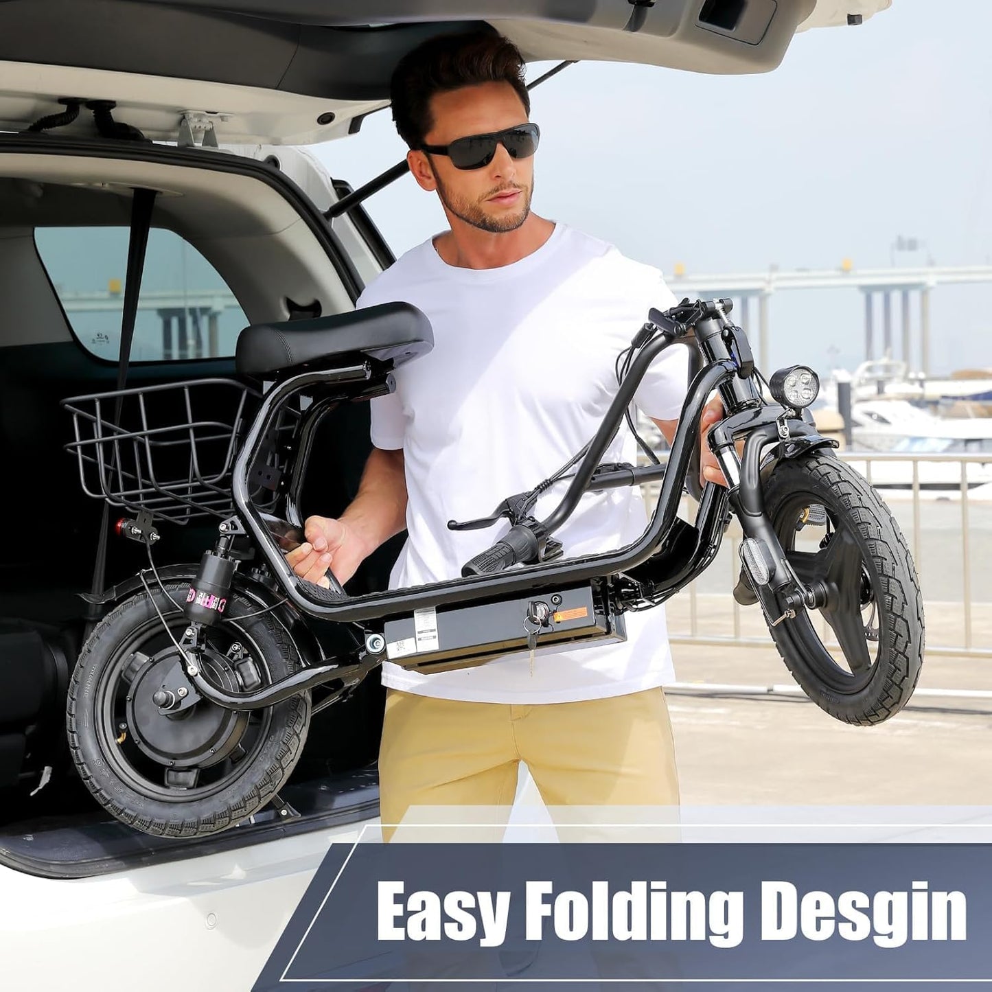 14" Tires Foldable Electric Scooter with Basket for Pets & Cargo, Dual Shock Absorbing 500W/800W/1200W Electric Scooter with Seat