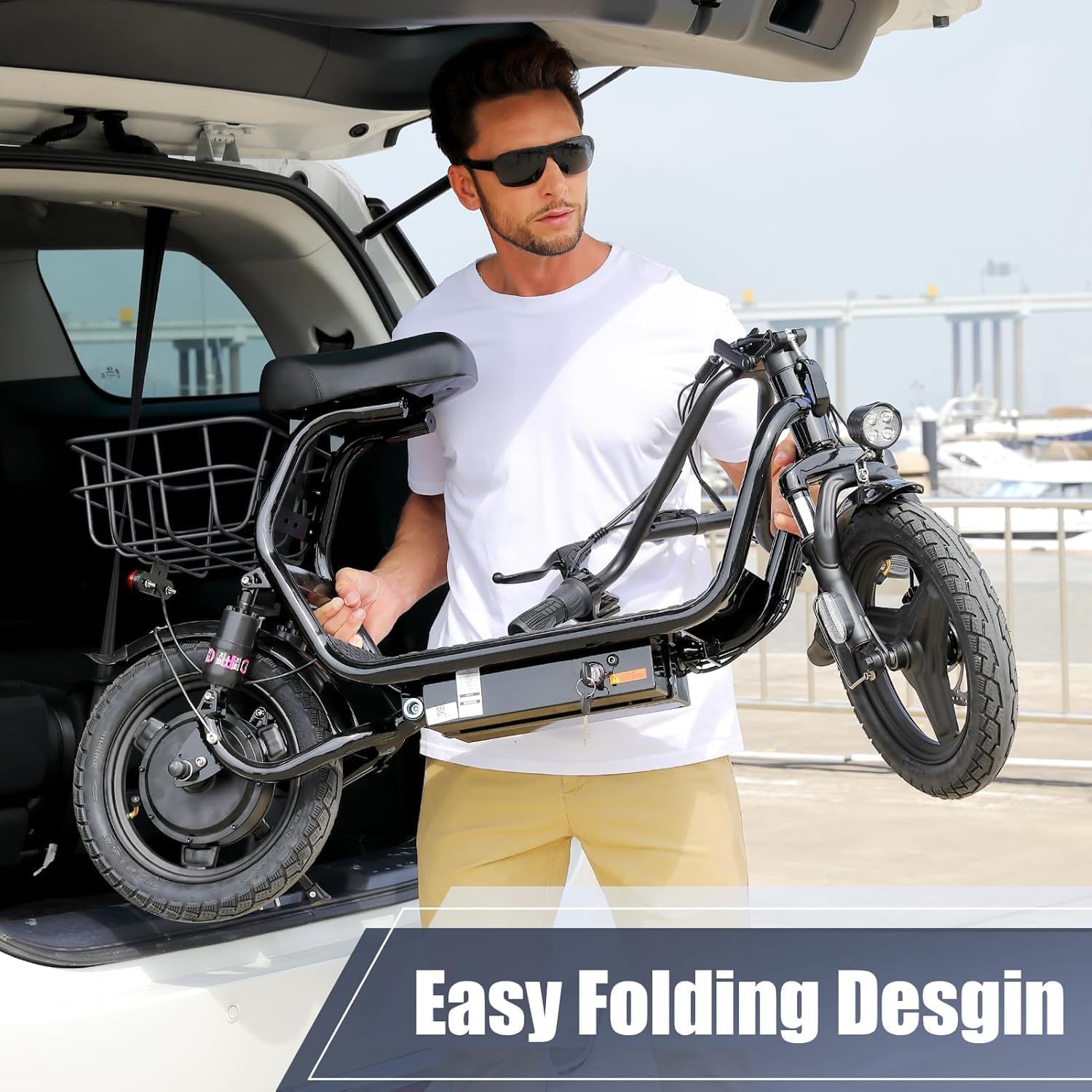 14" Tires Foldable Electric Scooter with Basket for Pets & Cargo, Dual Shock Absorbing 500W/800W/1200W Electric Scooter with Seat