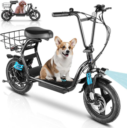14" Tires Foldable Electric Scooter with Basket for Pets & Cargo, Dual Shock Absorbing 500W/800W/1200W Electric Scooter with Seat