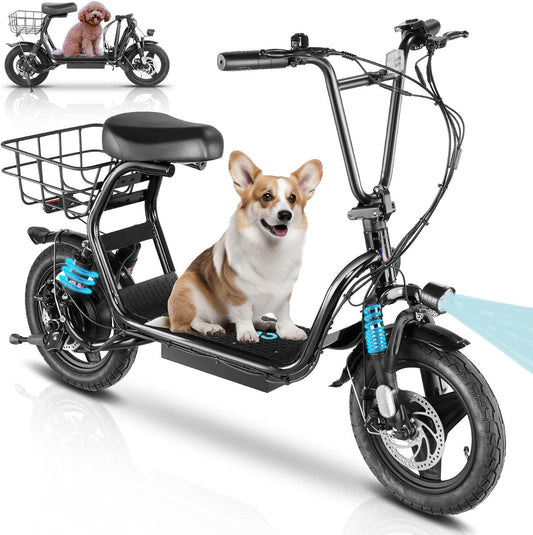 14" Tires Foldable Electric Scooter with Basket for Pets & Cargo, Dual Shock Absorbing 500W/800W/1200W Electric Scooter with Seat