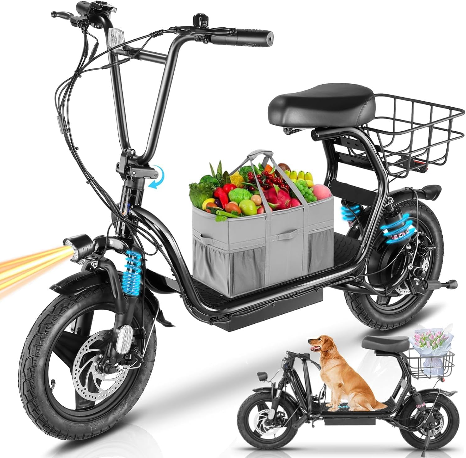 14" Tires Foldable Electric Scooter with Basket for Pets & Cargo, Dual Shock Absorbing 500W/800W/1200W Electric Scooter with Seat