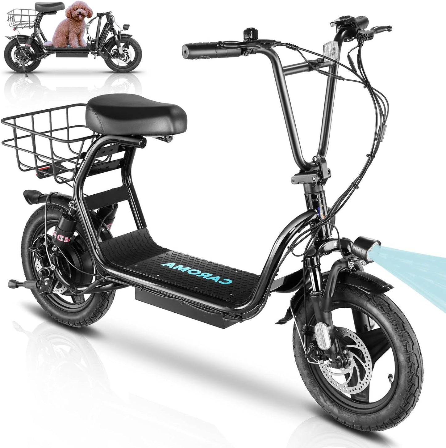 14" Tires Foldable Electric Scooter with Basket for Pets & Cargo, Dual Shock Absorbing 500W/800W/1200W Electric Scooter with Seat