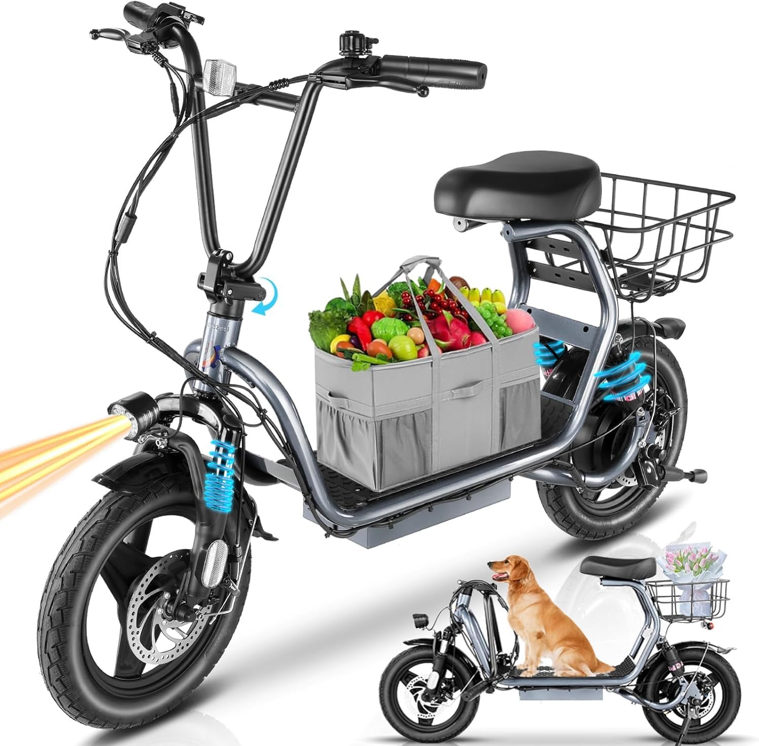 14" Tires Foldable Electric Scooter with Basket for Pets & Cargo, Dual Shock Absorbing 500W/800W/1200W Electric Scooter with Seat