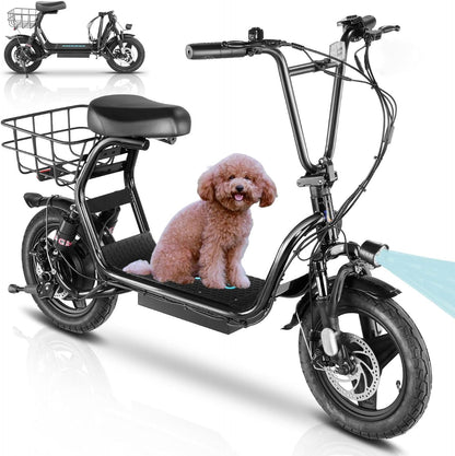 14" Tires Foldable Electric Scooter with Basket for Pets & Cargo, Dual Shock Absorbing 500W/800W/1200W Electric Scooter with Seat