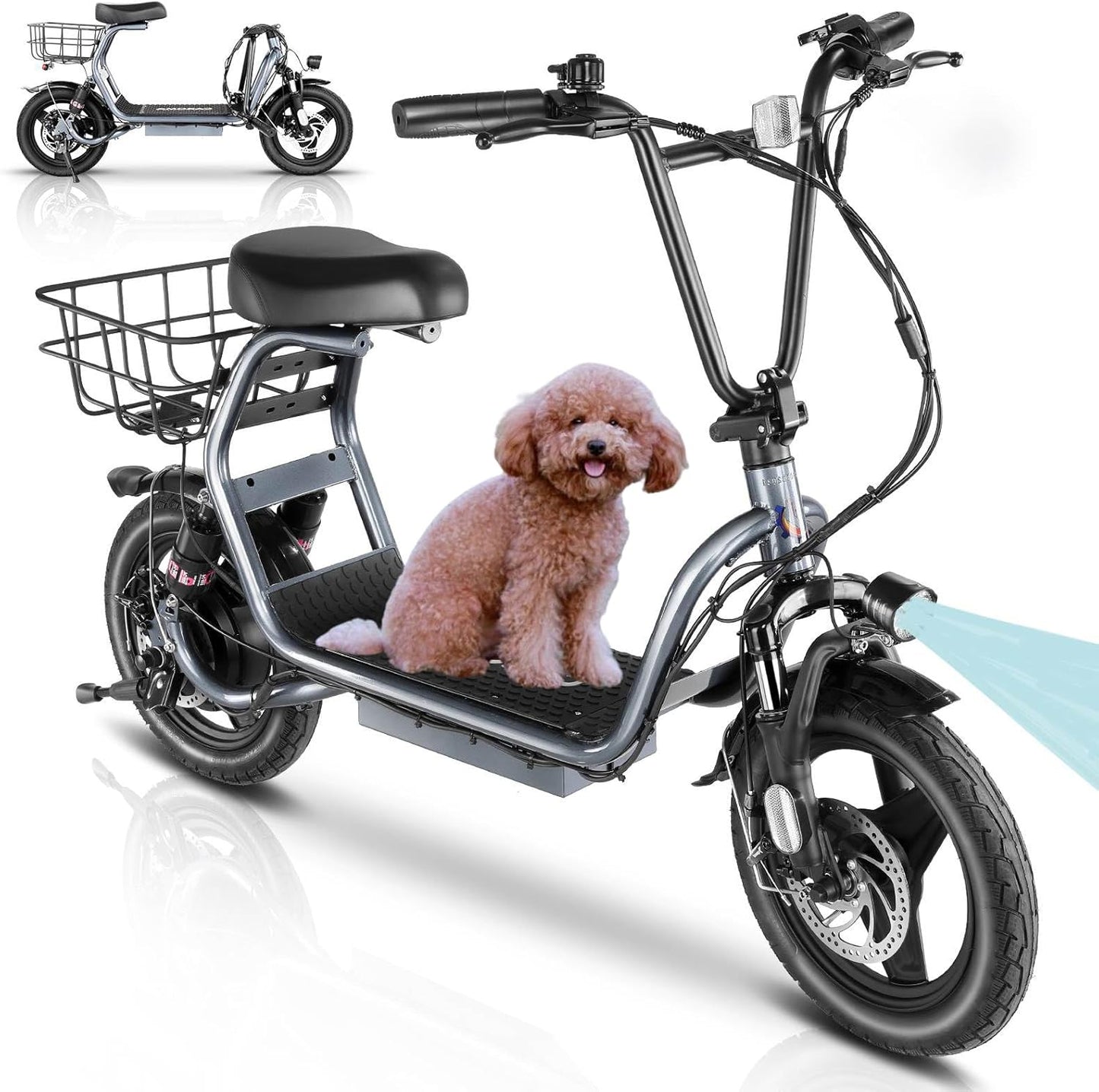 14" Tires Foldable Electric Scooter with Basket for Pets & Cargo, Dual Shock Absorbing 500W/800W/1200W Electric Scooter with Seat