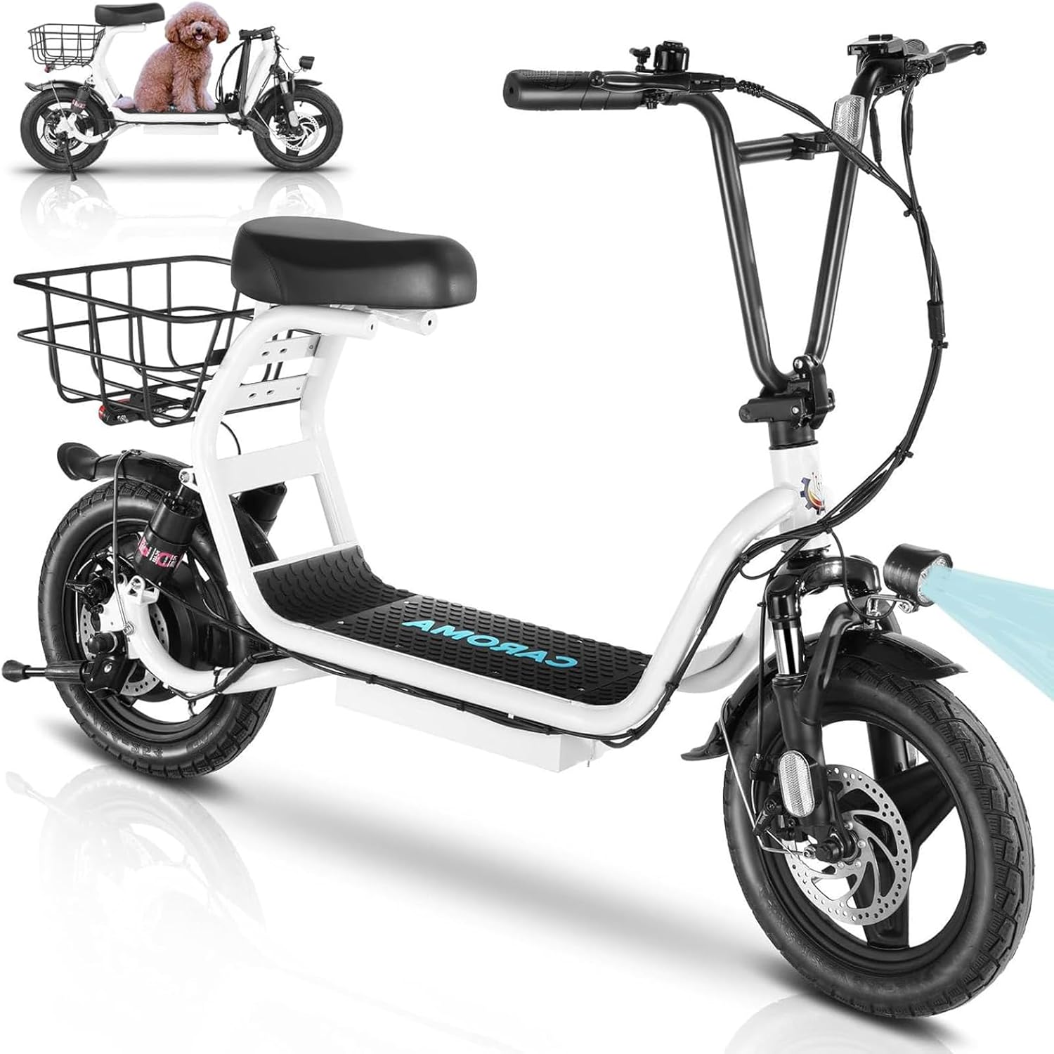 14" Tires Foldable Electric Scooter with Basket for Pets & Cargo, Dual Shock Absorbing 500W/800W/1200W Electric Scooter with Seat