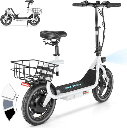 14" Tires Foldable Electric Scooter with Basket for Pets & Cargo, Dual Shock Absorbing 500W/800W/1200W Electric Scooter with Seat