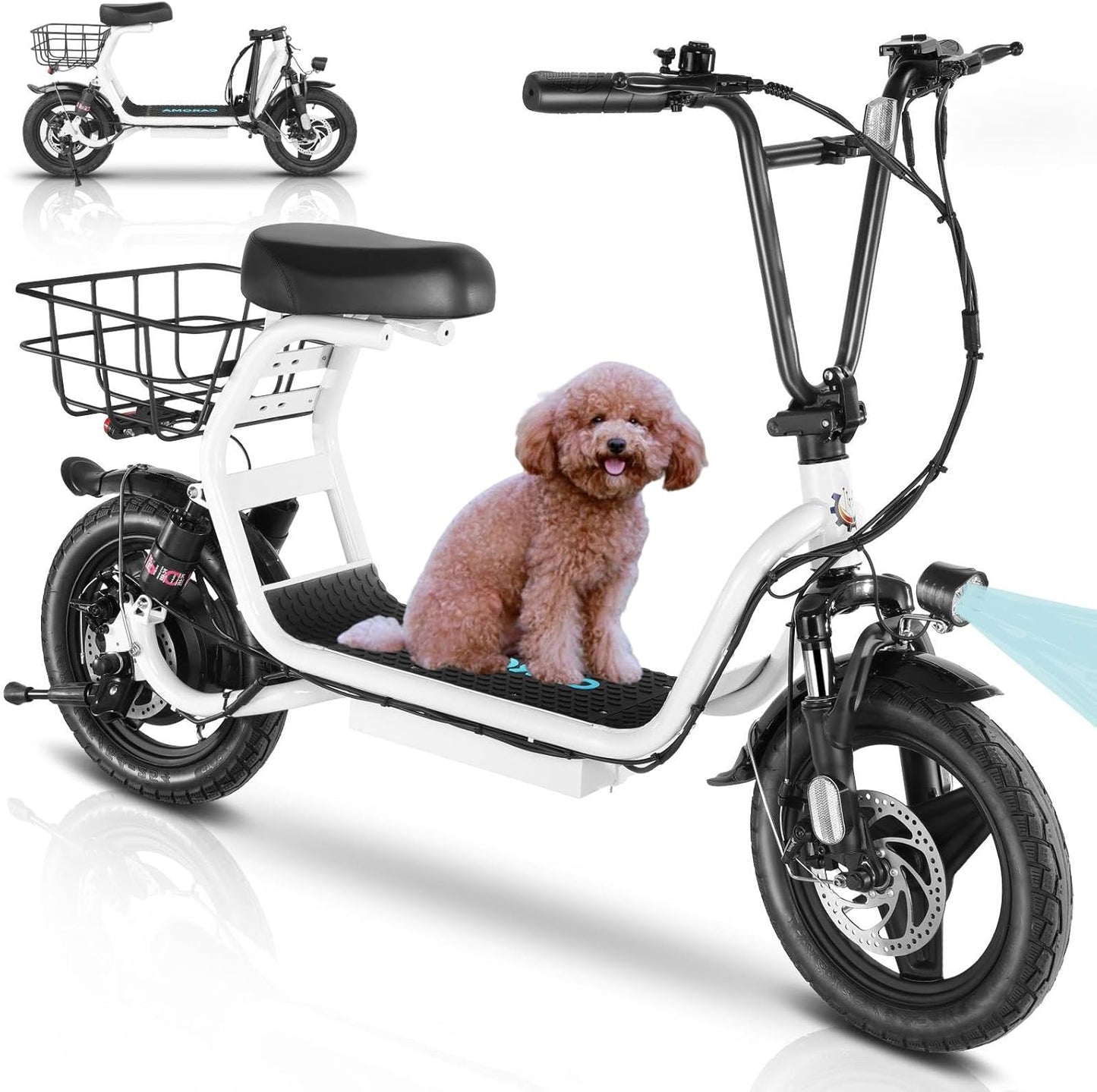 14" Tires Foldable Electric Scooter with Basket for Pets & Cargo, Dual Shock Absorbing 500W/800W/1200W Electric Scooter with Seat