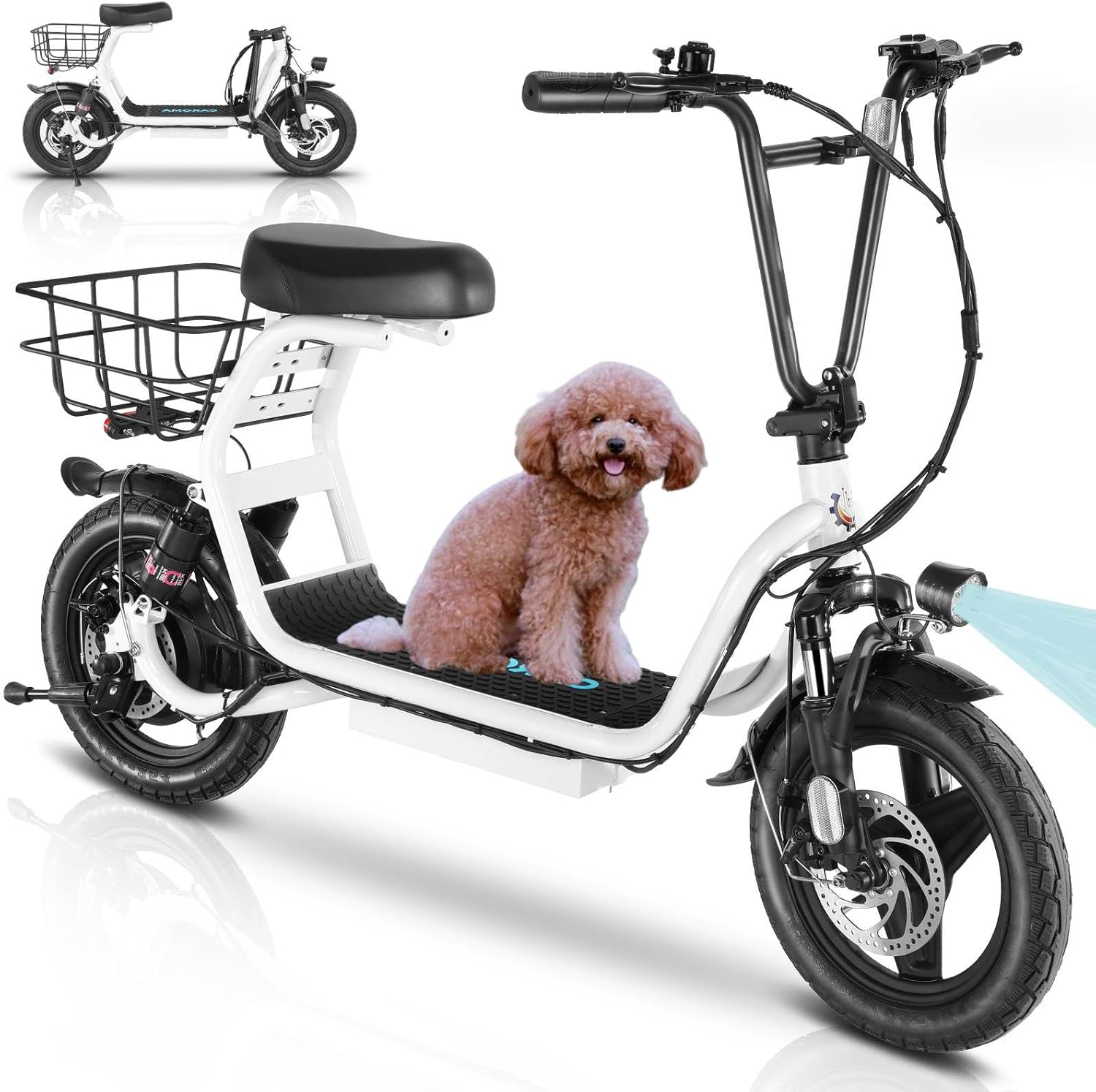 14" Tires Foldable Electric Scooter with Basket for Pets & Cargo, Dual Shock Absorbing 500W/800W/1200W Electric Scooter with Seat