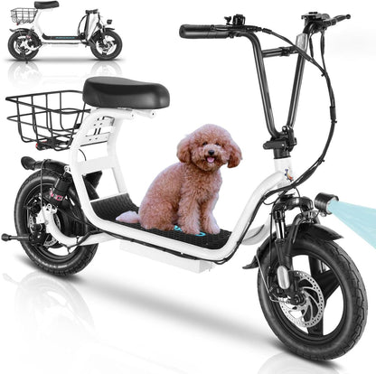 14" Tires Foldable Electric Scooter with Basket for Pets & Cargo, Dual Shock Absorbing 500W/800W/1200W Electric Scooter with Seat