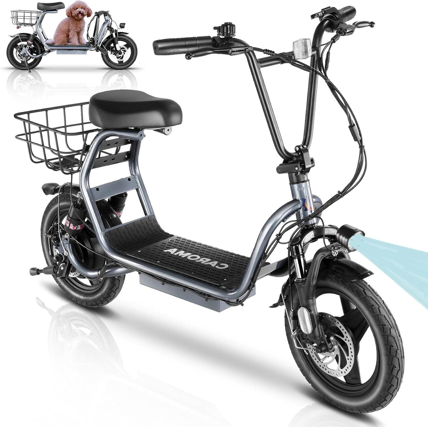 14" Tires Foldable Electric Scooter with Basket for Pets & Cargo, Dual Shock Absorbing 500W/800W/1200W Electric Scooter with Seat