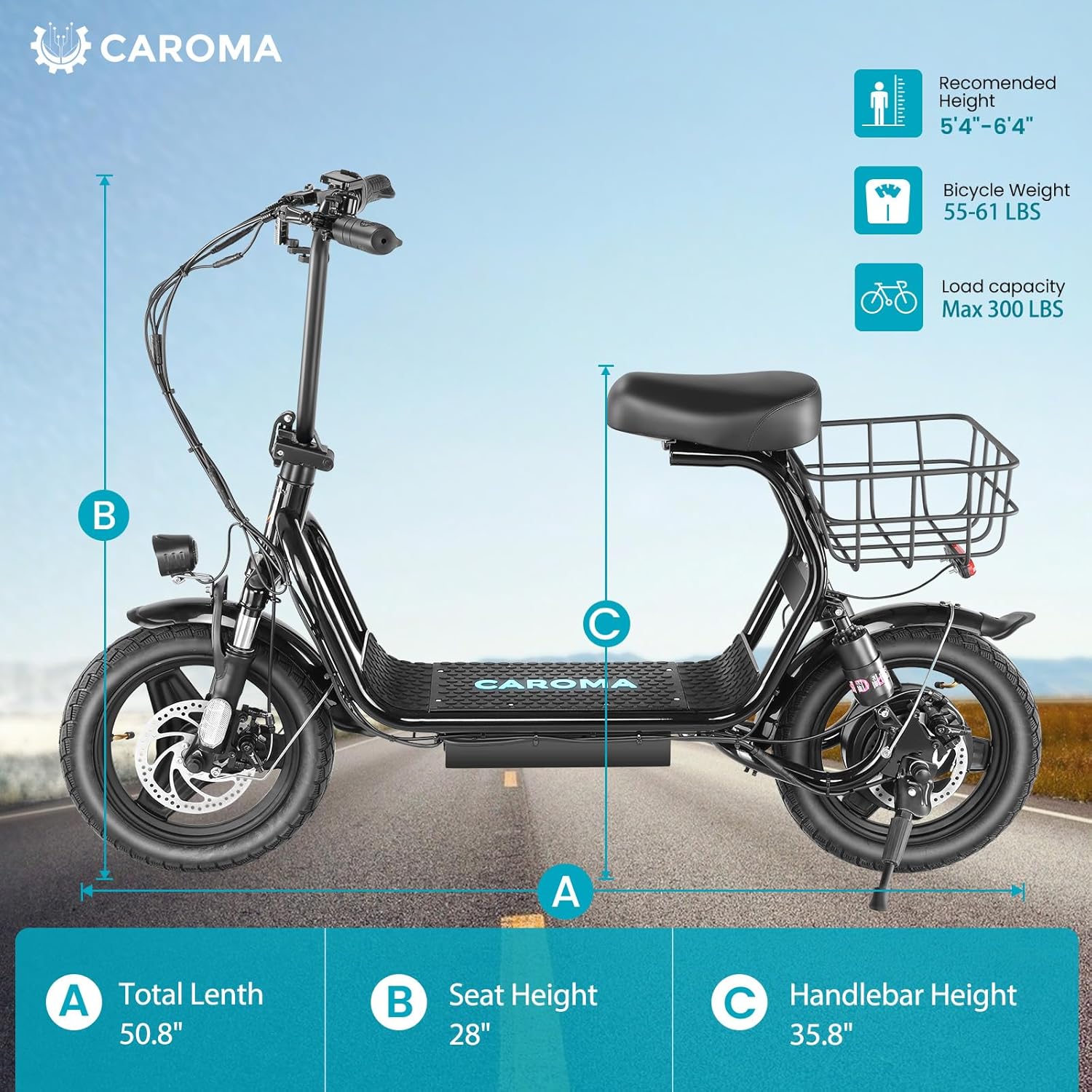 14" Tires Foldable Electric Scooter with Basket for Pets & Cargo, Dual Shock Absorbing 500W/800W/1200W Electric Scooter with Seat