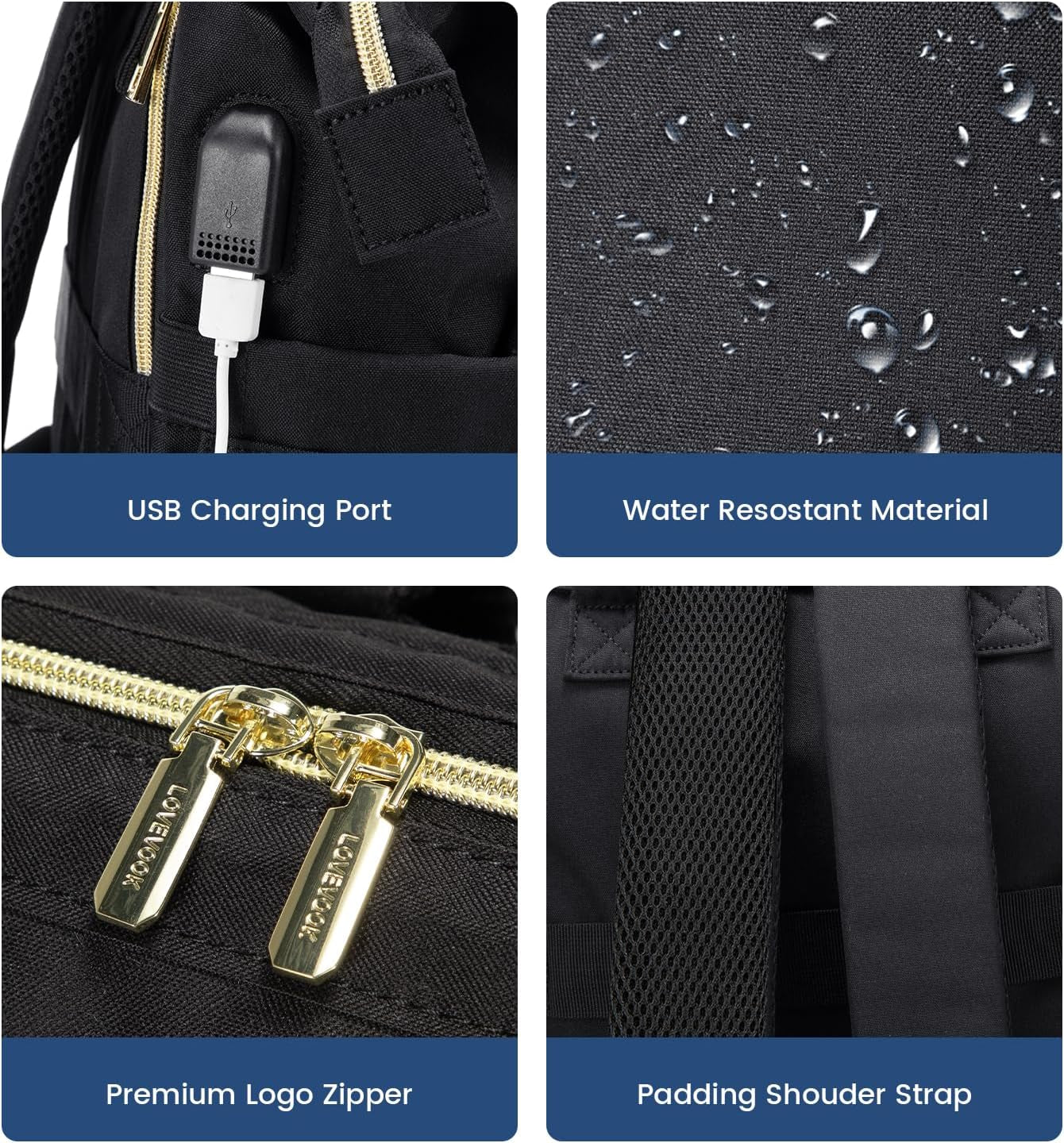 Waterproof Anti-Theft Travel Back Pack with USB Charging Port, Black