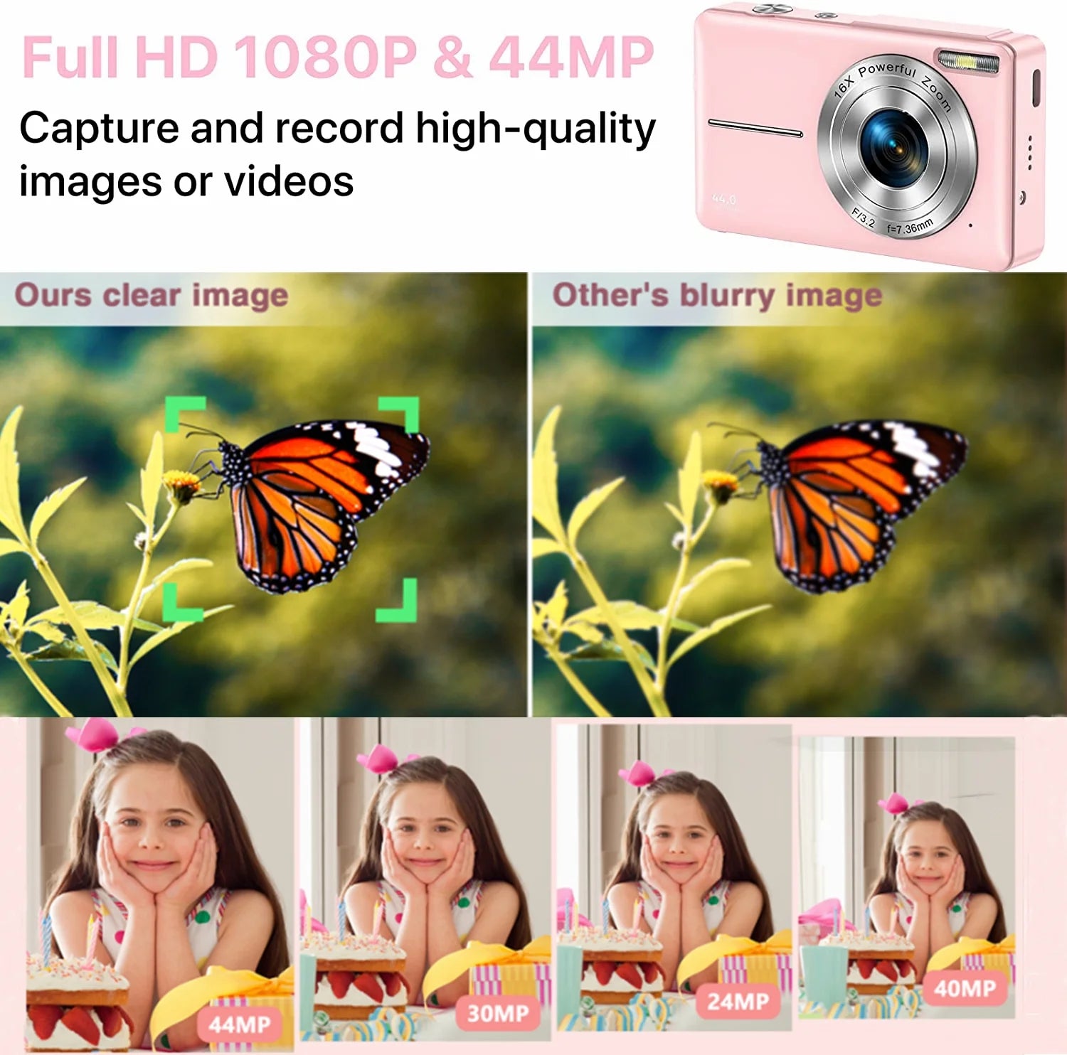1080P Digital Camera 44MP 16X Digital Zoom Compact Point and Shoot Portable Small Starter Camera 