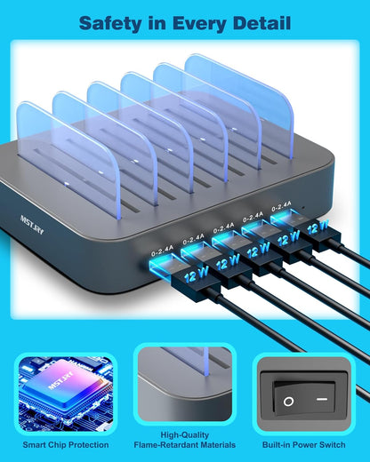 5 Port Multi USB-A Charger Stations Compatible for Multi-Device Organizing (7 Short Cables Included), Gray