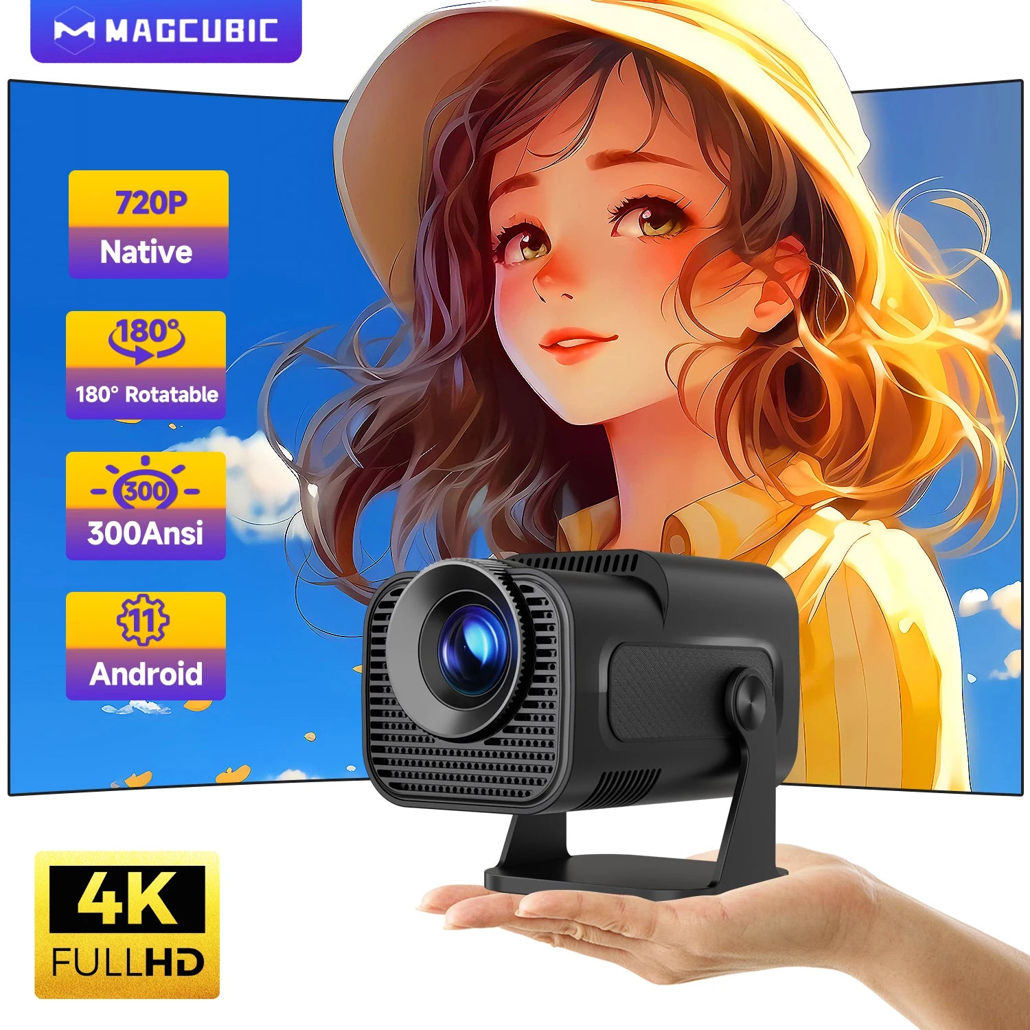  Mini Native 720P Android 11 4K Projector 300ANSI Wifi6 BT5.0 Cinema Outdoor Portable 180° Rotatable Projector
