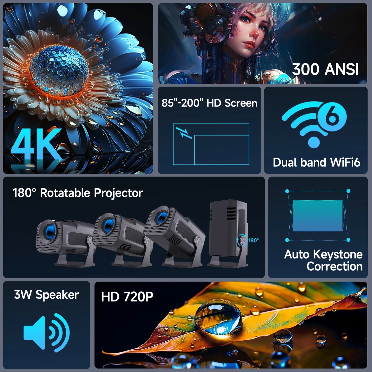  Mini Native 720P Android 11 4K Projector 300ANSI Wifi6 BT5.0 Cinema Outdoor Portable 180° Rotatable Projector