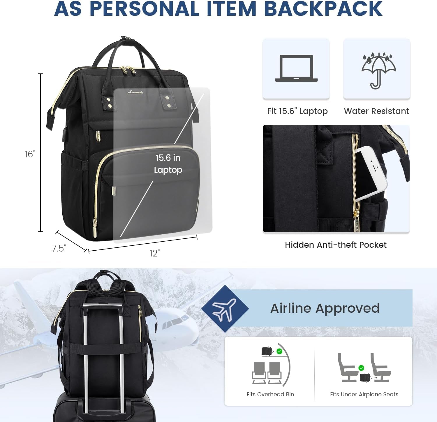 Waterproof Anti-Theft Travel Back Pack with USB Charging Port, Black