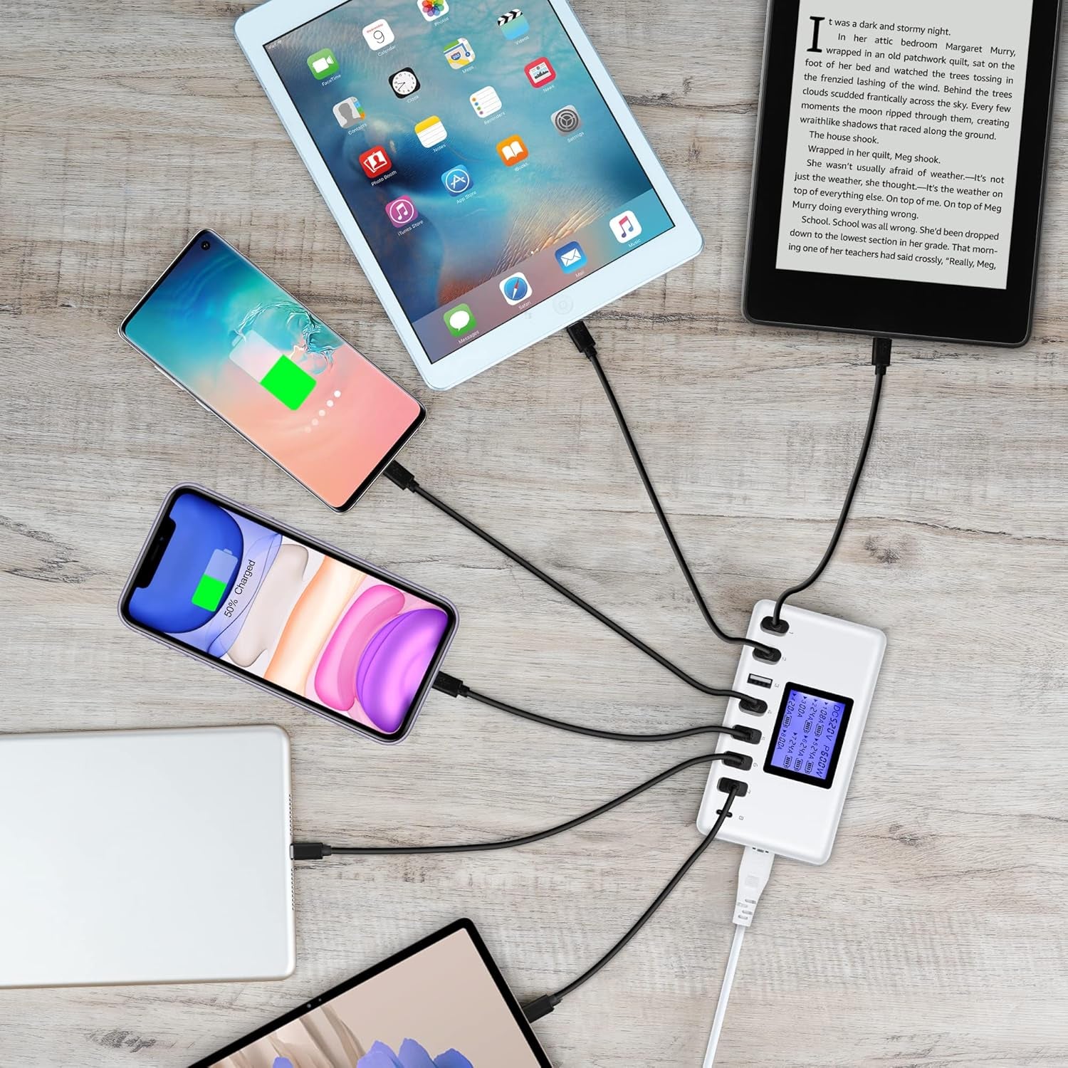  USB Charging Station 60W 12A 8-Port Compact Size LCD Display- Compatible with Iphone, Ipad, Samsung, Bluetooth Headphones and More