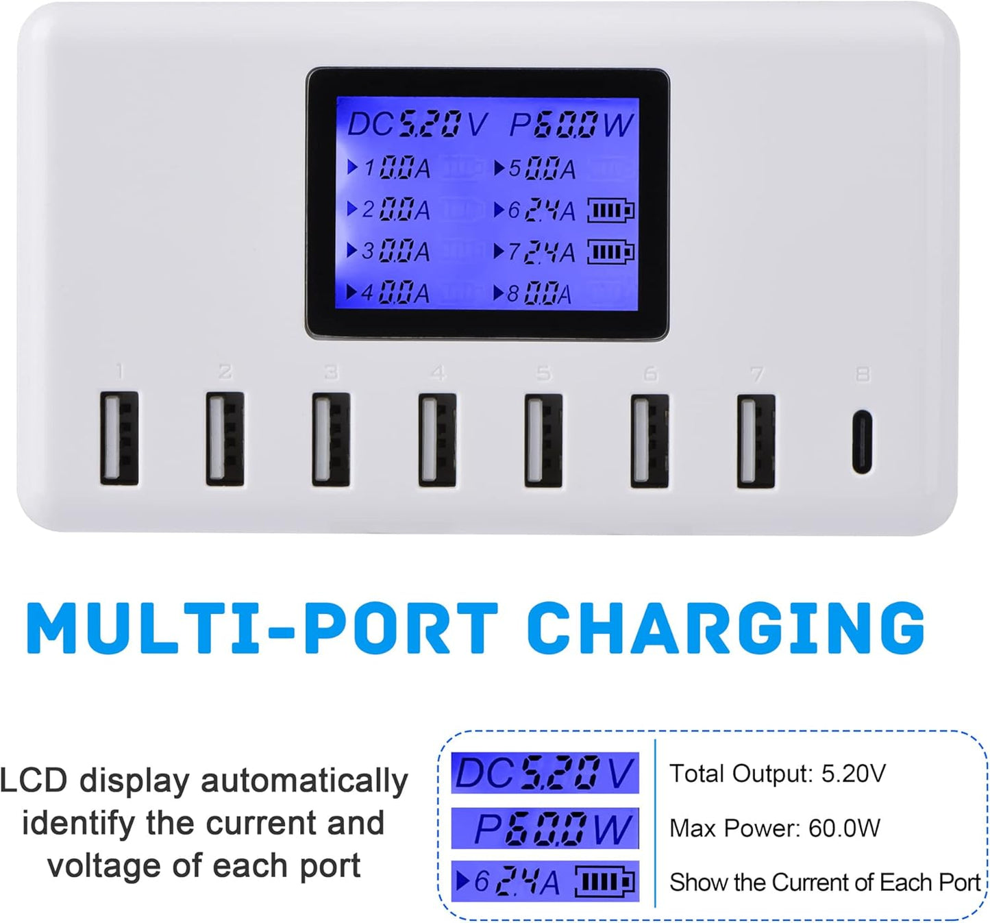  USB Charging Station 60W 12A 8-Port Compact Size LCD Display- Compatible with Iphone, Ipad, Samsung, Bluetooth Headphones and More