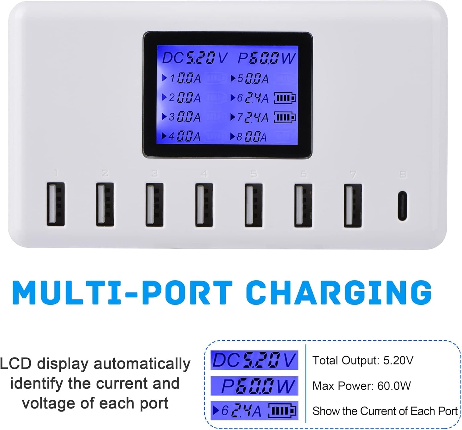  USB Charging Station 60W 12A 8-Port Compact Size LCD Display- Compatible with Iphone, Ipad, Samsung, Bluetooth Headphones and More