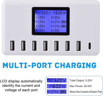  USB Charging Station 60W 12A 8-Port Compact Size LCD Display- Compatible with Iphone, Ipad, Samsung, Bluetooth Headphones and More